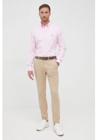 Polo Ralph Lauren koszula bawełniana męska kolor różowy slim z kołnierzykiem button-down. Typ kołnierza: button down, polo. Kolor: różowy. Materiał: bawełna. Wzór: aplikacja #3
