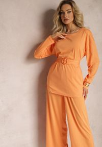 Renee - Pomarańczowy Komplet Bluzka i Spodnie z Prostymi Nogawkami i Gumką Daeirassa. Kolor: pomarańczowy