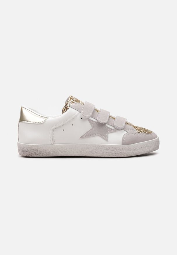 Born2be - Złoto-Białe Sneakersy na Rzepy ze Zdobieniami z Brokatu Mappe. Nosek buta: okrągły. Zapięcie: rzepy. Kolor: beżowy, złoty. Materiał: materiał. Wzór: aplikacja. Obcas: na obcasie. Wysokość obcasa: niski