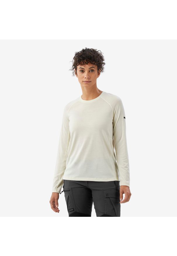 FORCLAZ - Koszulka trekkingowa damska z długim rękawem Merino Resist undyed. Kolor: biały. Materiał: materiał, poliamid, wełna. Długość rękawa: długi rękaw. Długość: długie