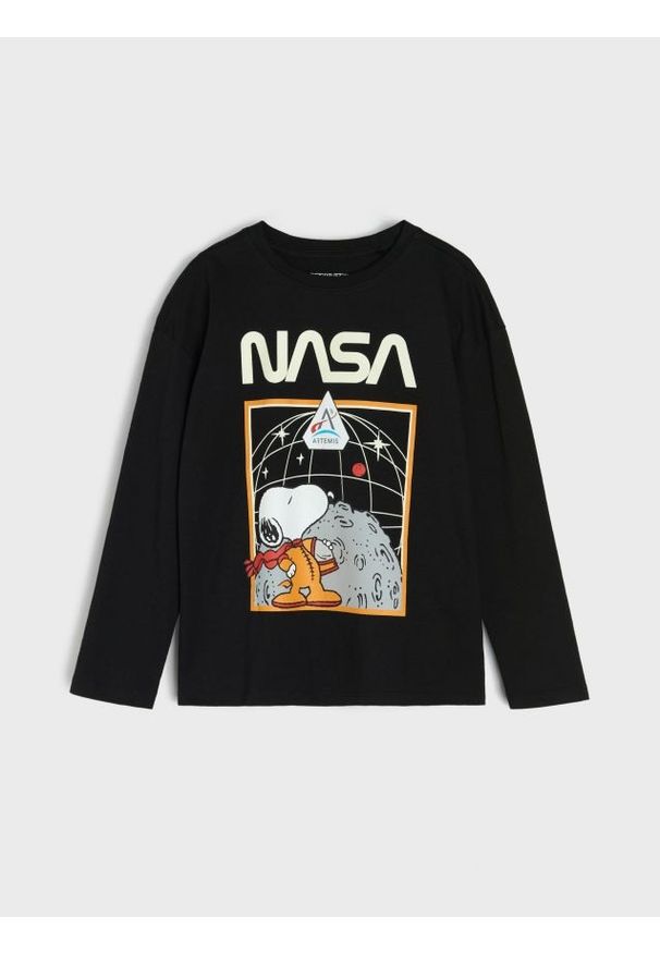 Sinsay - Bawełniana koszulka z nadrukiem NASA Peanuts - czarny. Kolor: czarny. Materiał: bawełna. Wzór: nadruk