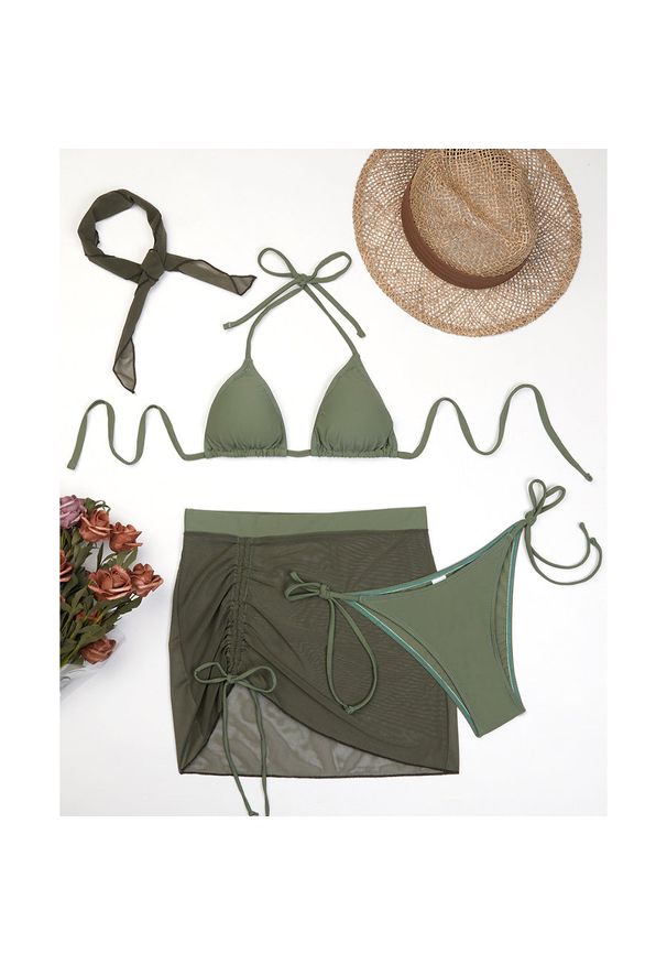 Intica - Bikini z pareo na plażę i basen regulowane lekkie Ileen. Kolor: zielony. Materiał: tkanina
