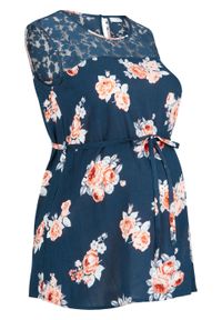 Bluzka ciążowa z koronką bonprix ciemnoniebieski w kwiaty. Kolekcja: moda ciążowa. Kolor: niebieski. Materiał: koronka. Wzór: kwiaty, koronka #1