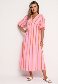 Born2be - Różowo-Pomarańczowa Taliowana Sukienka z Bawełny z Motywem Pasków Rivettes. Okazja: do pracy, na co dzień. Typ kołnierza: dekolt w kształcie V. Kolor: różowy. Materiał: bawełna. Wzór: aplikacja. Typ sukienki: proste. Styl: klasyczny, casual, elegancki #4