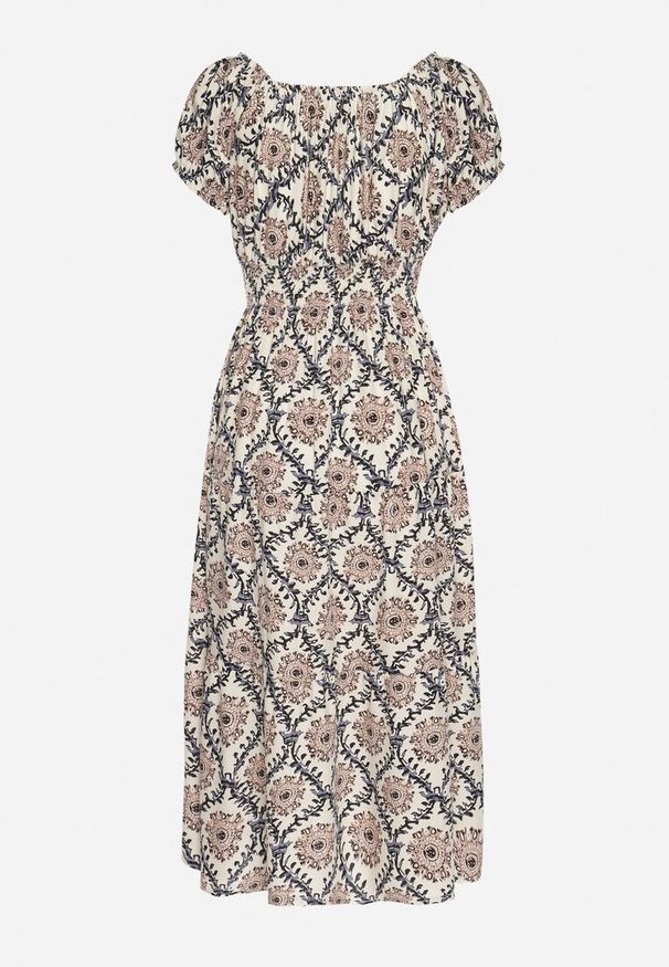 Born2be - Beżowo-Niebieska Sukienka z Bawełną i Bufiastymi Rękawami Revilee. Okazja: na co dzień, na spacer. Kolor: beżowy. Materiał: bawełna. Wzór: aplikacja. Styl: casual, elegancki