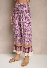 Renee - Fioletowe Spodnie z Bawełny High Waist z Abstrakcyjnym Wzorem Lisathiela. Okazja: na co dzień. Stan: podwyższony. Kolor: fioletowy. Materiał: bawełna. Styl: casual #5