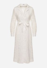 Born2be - Biała Koszulowa Sukienka z Ażurowym Wzorem i Paskiem Tanithiea. Okazja: na co dzień. Typ kołnierza: kołnierzyk klasyczny. Kolor: biały. Materiał: bawełna. Długość rękawa: długi rękaw. Wzór: ażurowy. Typ sukienki: koszulowe. Styl: elegancki, casual, klasyczny #6