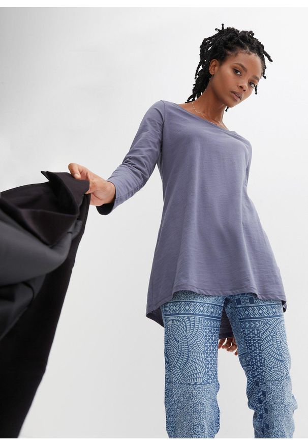 bonprix - Bawełniana bluzka z długim rękawem. Kolor: niebieski. Materiał: bawełna. Długość rękawa: długi rękaw. Długość: długie