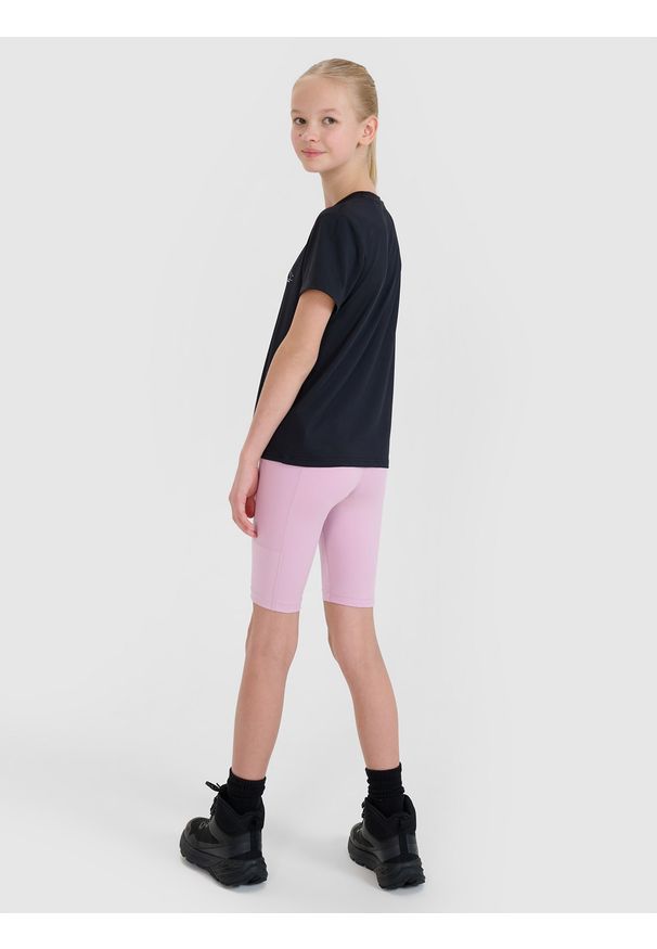 4f - 4F Legginsy kolarki trekkingowe szybkoschnące dziewczęce - różowe 158/164 (12-14 lat). Kolor: różowy. Materiał: materiał, syntetyk, dzianina, włókno, elastan. Długość: krótkie. Wzór: ze splotem, jednolity, gładki. Sezon: lato