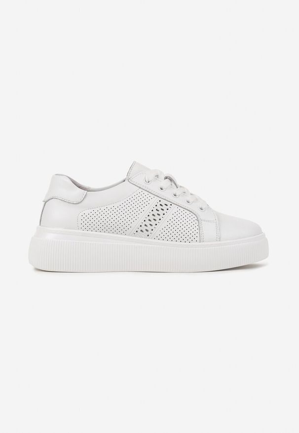 Renee - Białe Płaskie Ażurowe Sneakersy ze Skóry Naturalnej i Skórzaną Wkładką Lavili. Okazja: na randkę, na co dzień. Kolor: biały. Materiał: skóra. Szerokość cholewki: normalna. Wzór: ażurowy