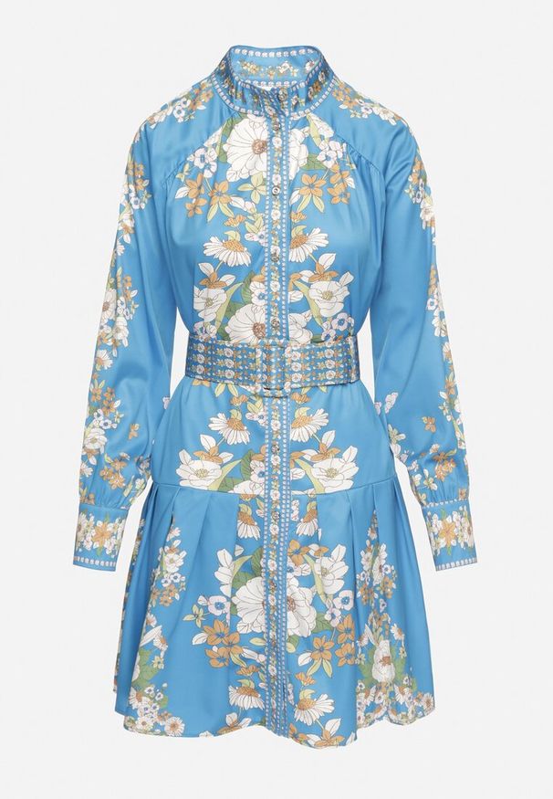 Born2be - Niebieska Sukienka Koszulowa w Kwiatowy Wzór z Bufiastymi Rękawami i Paskiem Aladira. Okazja: na co dzień. Kolor: niebieski. Wzór: kwiaty. Typ sukienki: koszulowe. Styl: casual, elegancki