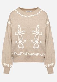 Born2be - Beżowy Sweter z Wiskozą Ozdobiony Haftem Senorwen. Okazja: na co dzień. Kolor: beżowy. Materiał: wiskoza. Wzór: aplikacja, haft. Styl: sportowy, klasyczny, elegancki, casual