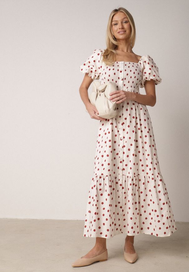 Born2be - Beżowa Sukienka Bawełniana o Rozkloszowanym Kroju z Bufiastymi Rękawami w Groszki Lorairian. Kolor: beżowy. Materiał: bawełna. Wzór: grochy. Styl: klasyczny