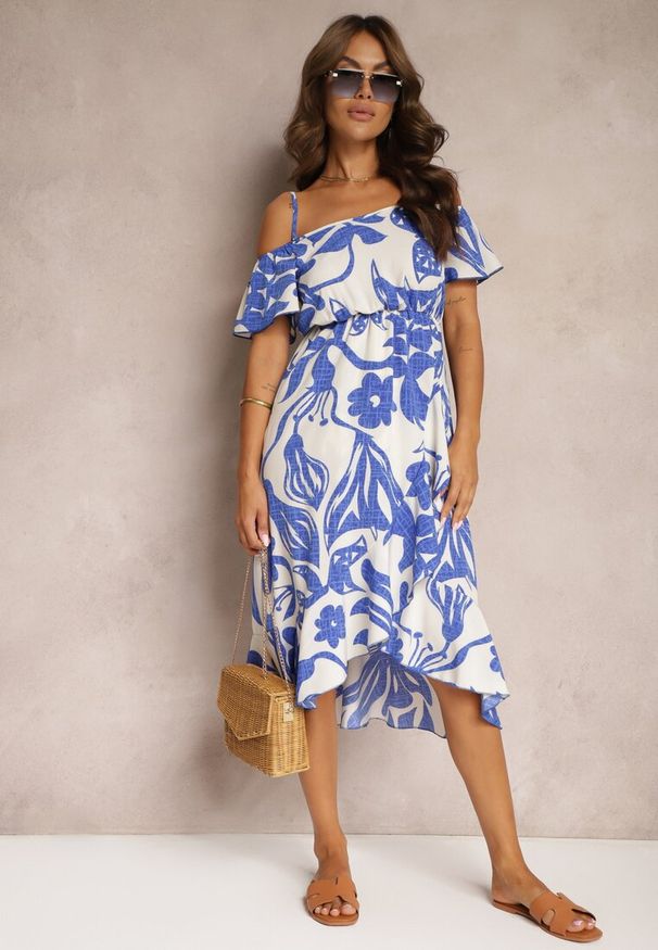 Renee - Niebiesko-Biała Sukienka na Ramiączkach z Hiszpańskim Dekoltem i Gumką w Talii Nellondra. Okazja: na spacer, na imprezę, na co dzień. Kolor: niebieski. Długość rękawa: na ramiączkach. Sezon: wiosna, lato. Typ sukienki: proste. Styl: elegancki, casual, klasyczny