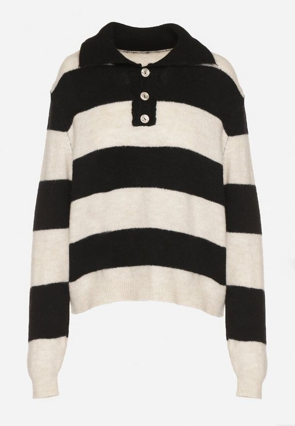 Born2be - Czarny Sweter w Paski z Domieszką Wełny Zdobiony Kołnierzem i Guzikami Tisania. Okazja: na co dzień, na spotkanie biznesowe. Kolor: czarny. Materiał: wełna. Wzór: aplikacja, paski. Styl: biznesowy, klasyczny, casual, elegancki