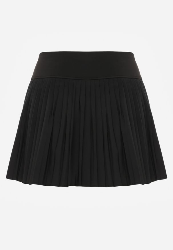 Renee - Czarna Plisowana Spódnica Tenisowa o Asymetrycznym Kroju z Podszewką-Szortami Haria. Kolor: czarny. Materiał: elastan, jeans, poliester. Styl: sportowy