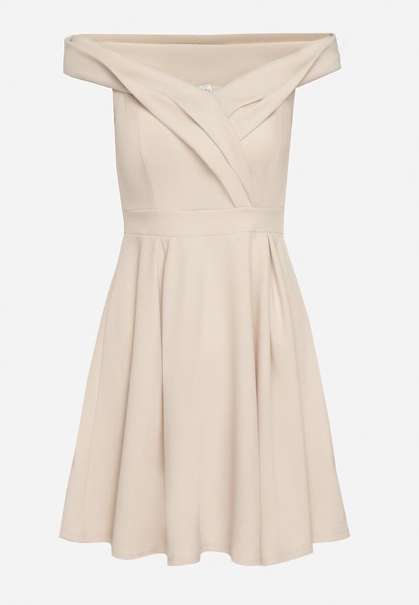 Born2be - Beżowa Sukienka z Hiszpańskim Dekoltem o Rozkloszowanym Fasonie Vilenia. Okazja: na co dzień. Kolor: beżowy. Typ sukienki: rozkloszowane. Styl: casual, elegancki