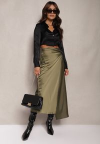 Renee - Zielona Spódnica o Kopertowym Kroju High Waist Onadea. Stan: podwyższony. Kolor: zielony. Materiał: satyna