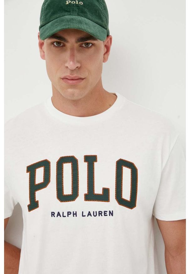 Polo Ralph Lauren t-shirt bawełniany kolor biały z aplikacją. Typ kołnierza: polo. Kolor: biały. Materiał: bawełna. Wzór: aplikacja