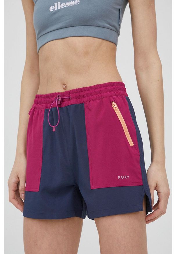 Roxy szorty outdoorowe One For The Road damskie kolor granatowy wzorzyste medium waist. Kolor: niebieski. Materiał: materiał, włókno