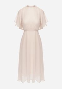 Renee - Beżowa Rozkloszowana Sukienka z Odkrytymi Plecami i Wiązaniem Syrissis. Typ kołnierza: kokarda. Kolor: beżowy. Materiał: materiał, tkanina. Wzór: aplikacja. Styl: wizytowy, elegancki. Długość: midi #4