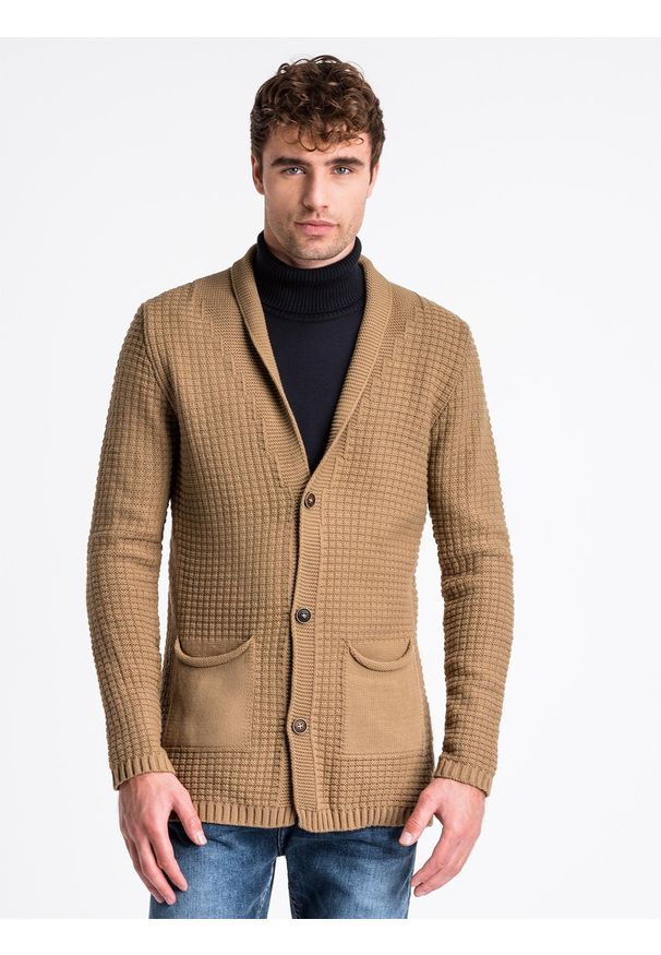 Ombre Clothing - Sweter męski rozpinany E164 - camel - L. Kolor: brązowy. Materiał: akryl. Wzór: ze splotem, aplikacja. Sezon: jesień