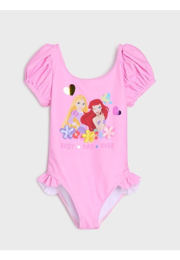 Sinsay - Kostium kąpielowy z falbankami i kwiatami 3d Disney Princess - różowy. Kolor: różowy. Wzór: kwiaty, motyw z bajki
