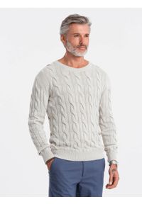 Ombre Clothing - Sweter męski z warkoczowym splotem - kremowy V1 E195 - XXL. Okazja: na co dzień. Kolor: biały. Materiał: bawełna, jeans, akryl. Wzór: ze splotem. Styl: klasyczny, elegancki, casual #5