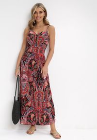 Born2be - Czarno-Czerwona Sukienka Maxi na Ramiączkach z Cienkimi Gumkami na Plecach Ophintha. Kolor: czerwony. Materiał: tkanina. Długość rękawa: na ramiączkach. Długość: maxi
