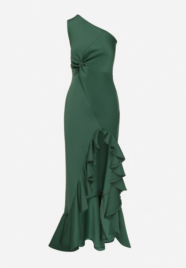 Born2be - Zielona Sukienka Asymetryczna z Ozdobną Falbaną Lunorilla. Kolor: zielony. Typ sukienki: asymetryczne