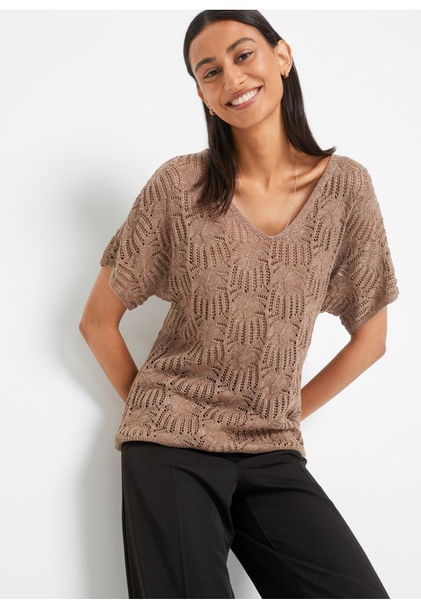 bonprix - Sweter ażurowy. Kolor: brązowy. Wzór: ażurowy