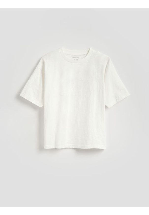 Reserved - Bawełniany t-shirt z nadrukiem - złamana biel. Materiał: bawełna. Wzór: nadruk