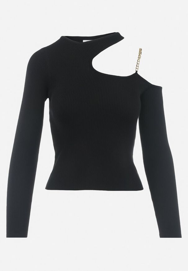 Born2be - Czarna Bluzka z Prążkowanej Dzianiny z Wycięciem i Łańcuszkiem Alansi. Okazja: na co dzień. Kolor: czarny. Materiał: prążkowany, dzianina. Styl: casual