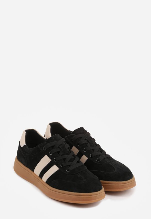 Born2be - Czarne Skórzane Sneakersy i Ozdobnymi Paskami Zelisei. Okazja: na co dzień. Zapięcie: pasek. Kolor: czarny. Materiał: skóra