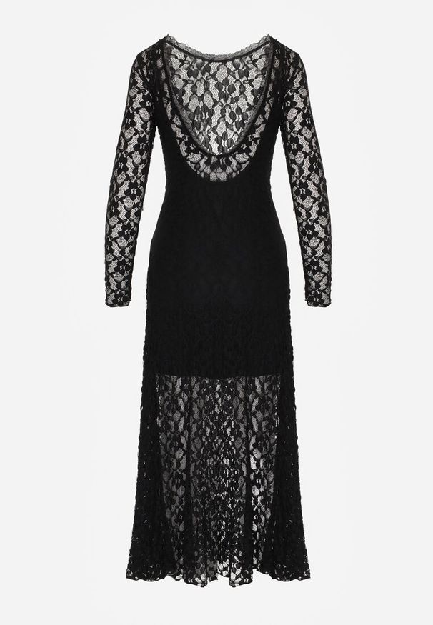 Renee - Czarna Elegancka Sukienka z Koronki z Odkrytymi Plecami Lilafera. Okazja: na co dzień. Typ kołnierza: dekolt na plecach. Kolor: czarny. Materiał: koronka. Długość rękawa: na ramiączkach. Wzór: koronka. Styl: elegancki