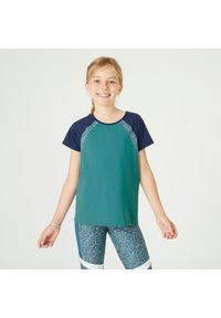 DOMYOS - Koszulka z krótkim rękawem dziecięca Domyos S500. Kolor: wielokolorowy, zielony, niebieski. Materiał: materiał, poliester, elastan. Długość rękawa: krótki rękaw. Długość: krótkie
