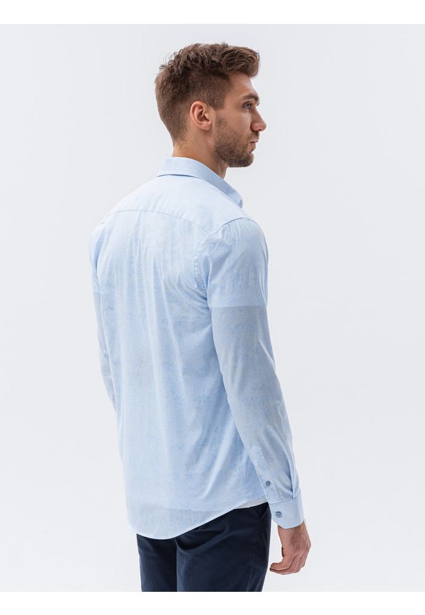 Ombre Clothing - Koszula męska z długim rękawem - błękitna - Rozmiar: L. Okazja: na spotkanie biznesowe, do pracy, na co dzień. Kolor: niebieski. Materiał: elastan, bawełna. Długość rękawa: długi rękaw. Długość: długie. Wzór: kwiaty. Styl: klasyczny, biznesowy, casual
