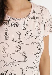 Born2be - Różowy T-shirt z Bawełny Zdobiony Nadrukiem z Napisami Mirindela. Okazja: na co dzień. Kolor: różowy. Materiał: bawełna. Wzór: aplikacja, napisy, nadruk. Styl: klasyczny, elegancki, casual