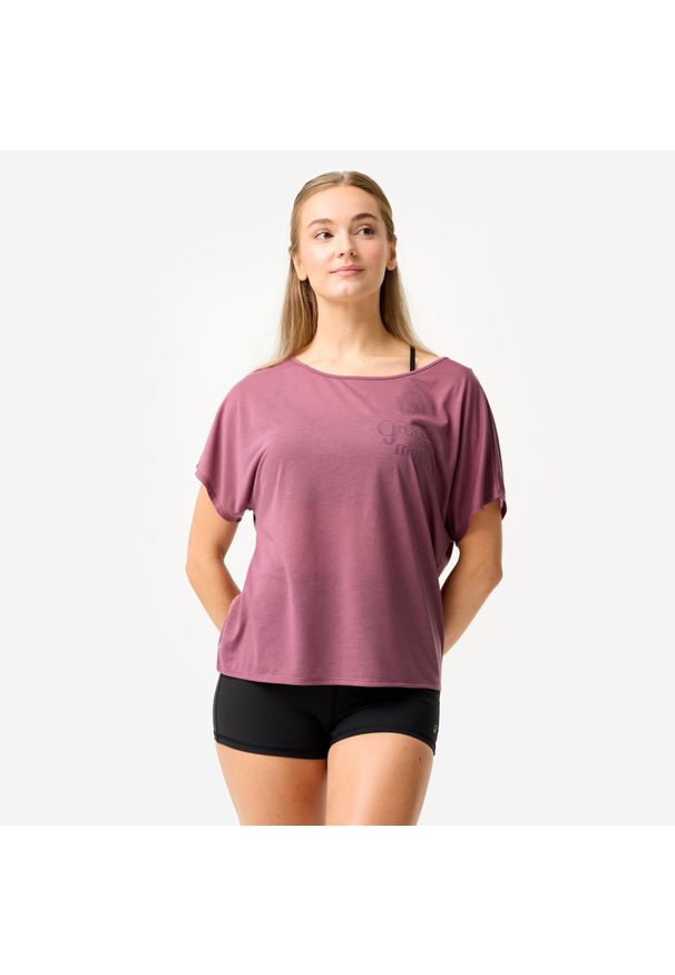 DOMYOS - Koszulka z krótkim rękawem do tańca nowoczesnego damska Starever. Kolor: fioletowy. Materiał: poliester, lyocell, materiał. Długość rękawa: krótki rękaw. Długość: krótkie. Sport: taniec