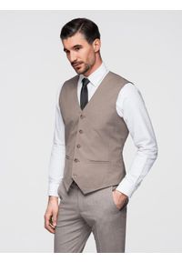 Ombre Clothing - Kamizelka męska garniturowa bez klap - beżowa V2 - Rozmiar: L. Kolor: beżowy. Materiał: tkanina, poliester. Wzór: gładki, jednolity. Styl: elegancki