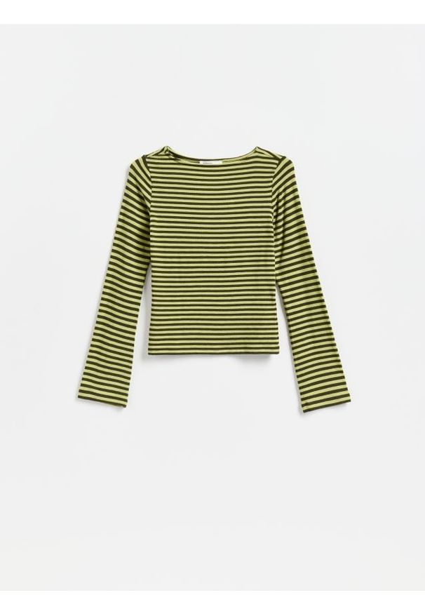 Reserved - Dzianinowy longsleeve w paski - zielony. Kolor: zielony. Materiał: dzianina. Długość rękawa: długi rękaw. Wzór: paski