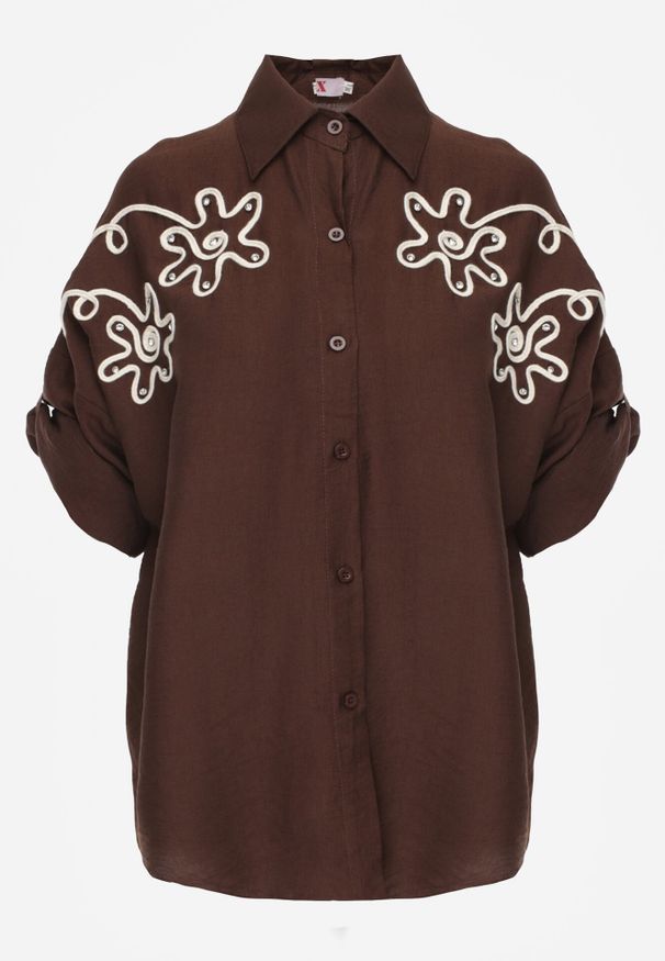 Born2be - Brązowa Nietoperzowa Koszula z Wiskozy z Haftem i Podpinanymi Rękawami Jilyla. Okazja: do pracy, na co dzień. Kolor: brązowy. Materiał: wiskoza. Długość: długie. Wzór: haft. Styl: elegancki, casual