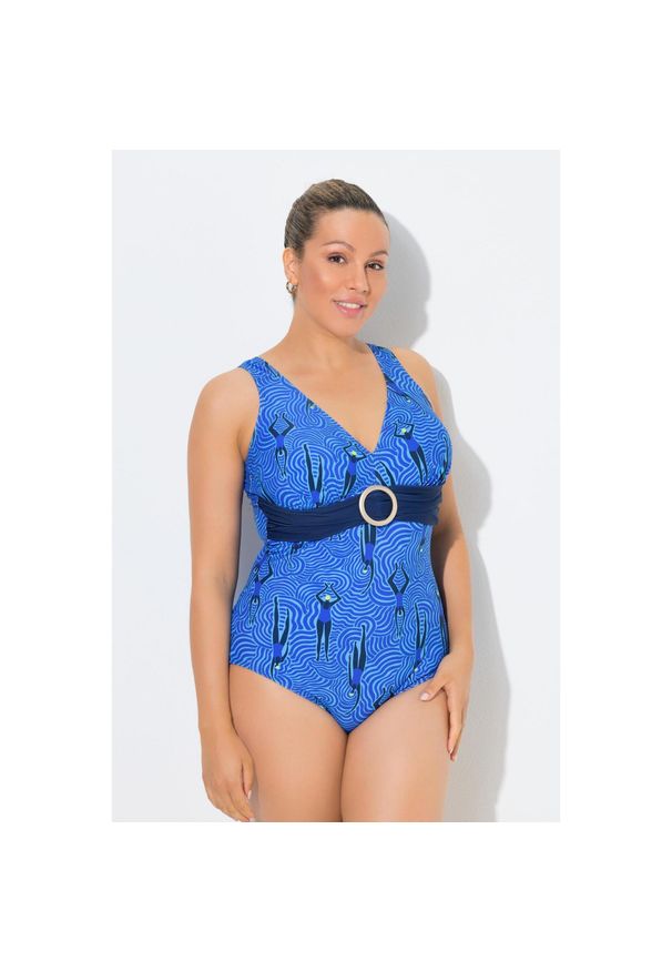 ULLA POPKEN - Damskie Strój kąpielowy pływaczki miękkie miseczki ozdobny pierścień. Kolekcja: plus size. Kolor: wielokolorowy. Materiał: poliester, elastan, poliamid, materiał