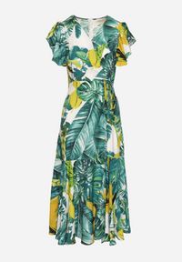 Born2be - Zielona Rozkloszowana Sukienka z Wiązaniem w Roślinny Wzór Janitaie. Okazja: na co dzień. Typ kołnierza: dekolt w serek. Kolor: zielony. Materiał: jeans. Długość rękawa: krótki rękaw. Styl: klasyczny, casual, elegancki #4