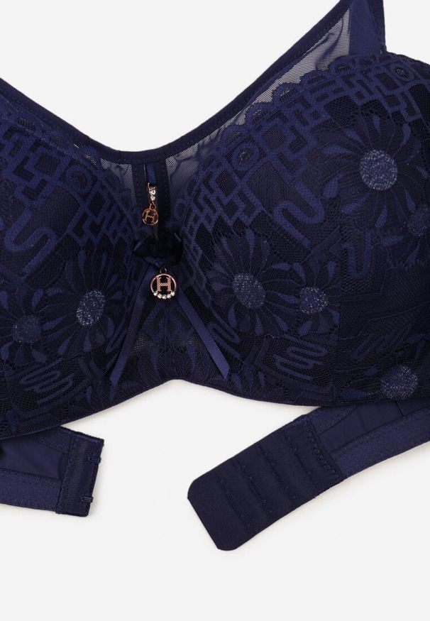 Born2be - Granatowy Biustonosz z Koronką i Transparentną Wstawką Heliphine. Kolor: niebieski. Materiał: koronka. Wzór: koronka