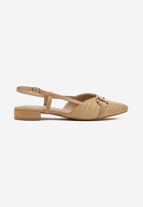 Renee - Ciemnobeżowe Sandały Slingback z Tweedowymi Zdobieniami i Metaliczną Aplikacją Annilena. Okazja: na co dzień. Kolor: beżowy. Materiał: jeans. Wzór: aplikacja. Styl: elegancki, casual