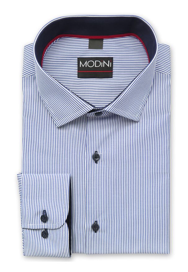 Modini - Biało-niebieska koszula męska w prążki Y57. Kolor: niebieski, biały, wielokolorowy. Materiał: tkanina, poliester, bawełna. Wzór: prążki