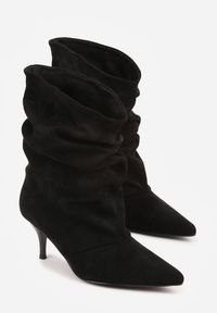 Born2be - Czarne Botki na Szpilce z Marszczoną Cholewką Hailenia. Okazja: na co dzień. Kolor: czarny. Szerokość cholewki: normalna. Obcas: na szpilce. Styl: casual, elegancki. Wysokość obcasa: średni #2