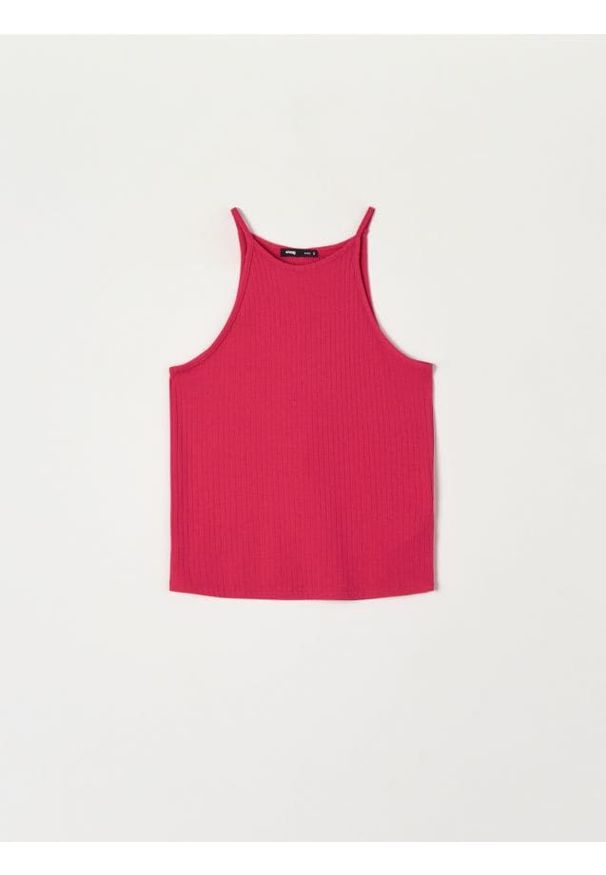 Sinsay - Top w prążki - czerwony. Kolor: czerwony. Materiał: włókno. Wzór: prążki