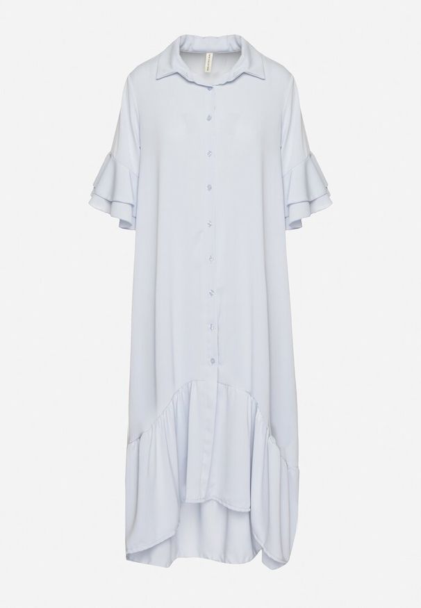 Born2be - Jasnoniebieska Sukienka Koszulowa z Ozdobną Falbanką Daviravie. Okazja: na co dzień. Kolor: niebieski. Typ sukienki: koszulowe. Styl: elegancki, casual, klasyczny